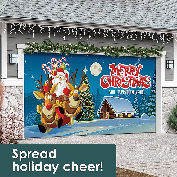 7' x 16' Santa’s Merry Takeoff Christmas Garage Door Banner - Designed to Move with Door | Magical Festive Double Garage Door Decoration