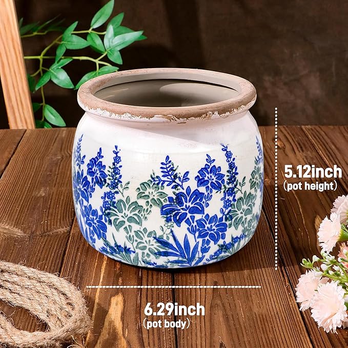 Vintage Ceramic Ice Crack Flower Pot with Drainage Holes, Country Rustic Planters for Indoor and Outdoor,Tuscan Decor,Home,Living Room, Garden Decor, Gardening Gift (Art Deco)