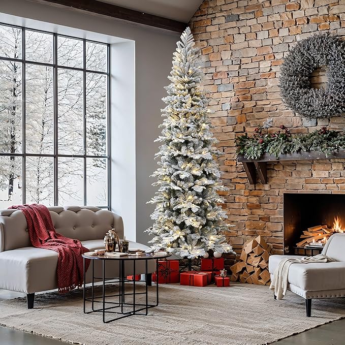 LuxenHome 7.5FT Flocked Christmas Tree, Slim Pencil Christmas Tree Pre-lit with 350 Warm White LED Lights, Lighted Artificial Christmas Trees with Stand for Indoor, Outdoor Holiday Decorations