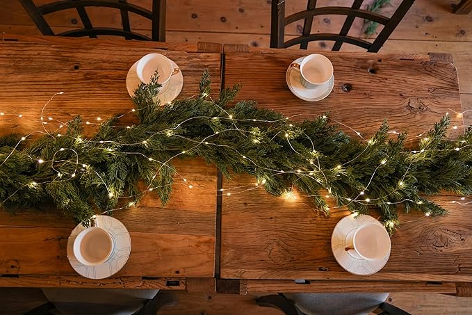 MISSPIN Christmas Garland with Lights, Real Touch Winter Cedar Pine Garland, Green Artificial Greenery Garland for Table, Mantle, Wall, Indoor, Outdoor Christmas Decorations