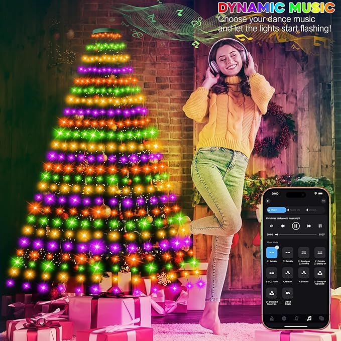 30+ Modes Ring Christmas Tree Lights Indoor Outdoor - 6.56Ft x 12 Lines 288 LED Easy App Control Color Changing Timer Remote Waterproof for 6 7 Ft Xmas Trees (Warm White to Multicolor)