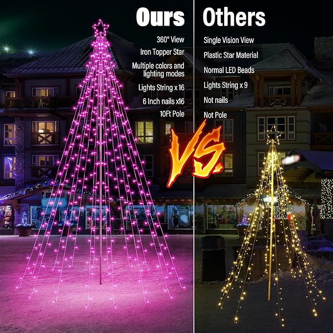 Lomotech Christmas Tree Lights - 10Ft 404 LED with 7.08" Topper, Remote Controll Waterproof Iron Pole Waterfall Lights for Outdoor Christmas Decorations (Pink)