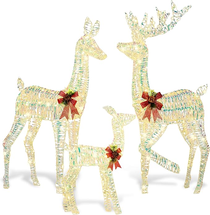 JOIEDOMI 3 Pcs Christmas Iridescent Reindeer Family Set Yard Light Decorations, 360 LED Warm White Lights with Metal Stakes for Indoor Outdoor Garden Holiday Décor, Christmas Eve Night Décor