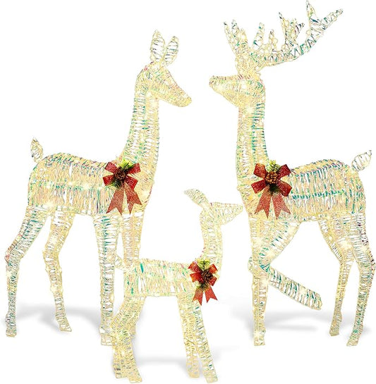 JOIEDOMI 3 Pcs Christmas Iridescent Reindeer Family Set Yard Light Decorations, 360 LED Warm White Lights with Metal Stakes for Indoor Outdoor Garden Holiday Décor, Christmas Eve Night Décor