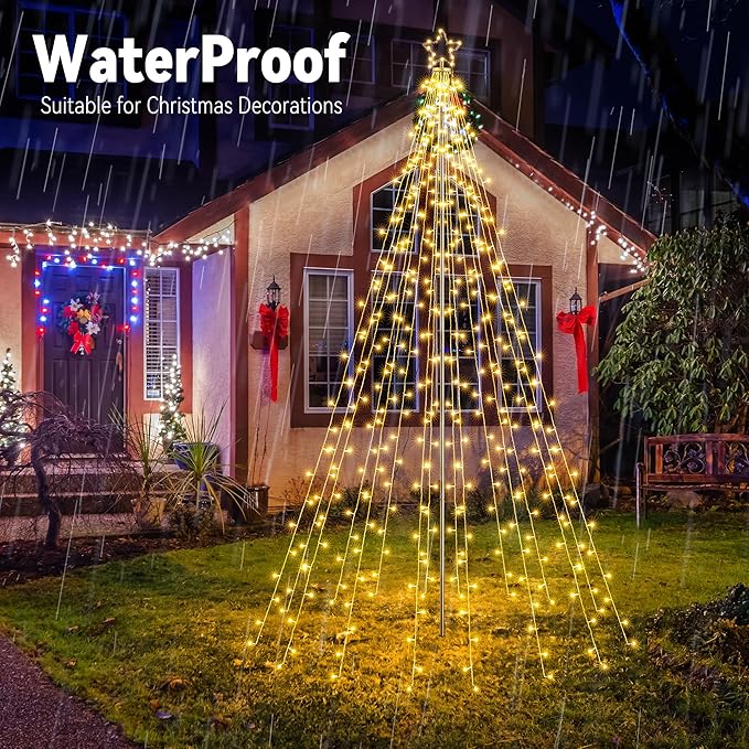 Lomotech Christmas Tree Lights - 10Ft 404 LED with 7.08" Topper, Remote Controll Waterproof Iron Pole Waterfall Lights for Outdoor Christmas Decorations (Warm White)