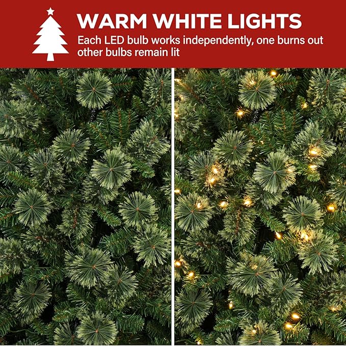 Hykolity 7.5 ft Pre-lit Christmas Tree, Artificial Christmas Pine Tree with 450 Warm White LED Lights, 1580 PVC Branch Tips & Needles, Metal Stand and Hinged Branches