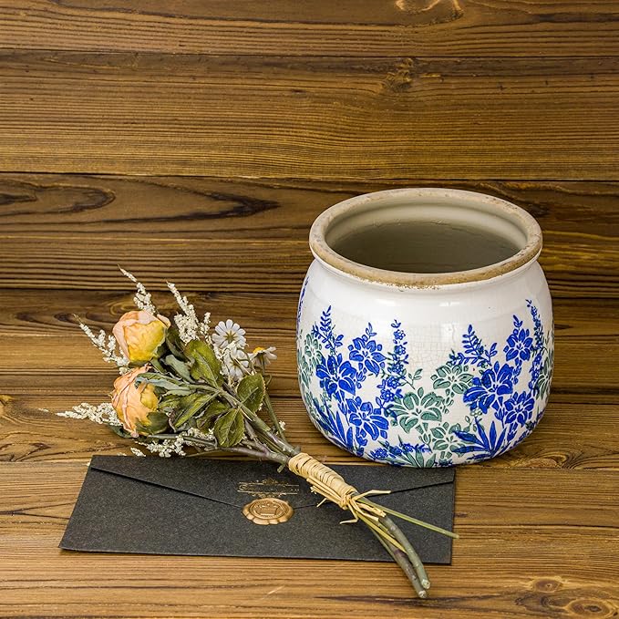 Vintage Ceramic Ice Crack Flower Pot with Drainage Holes, Country Rustic Planters for Indoor and Outdoor,Tuscan Decor,Home,Living Room, Garden Decor, Gardening Gift (Art Deco)