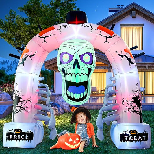 12 FT Halloween Inflatables, Scary Skeleton Archway Halloween Inflatable Outdoor Decoration, Build-in LEDs Spooky Blow Up Yard Halloween Arch for Decor Outside Holiday Party Garden Lawn