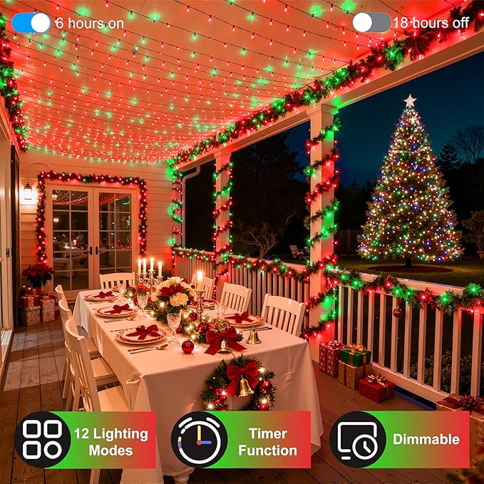 240FT 750LED Christmas Lights,12 Modes Red and Green Outdoor String Lights with Timer & Dimmable, Waterproof Green Wire Christmas String Lights for Tree Xmas Patio Fence Balcony Garden Party Decor