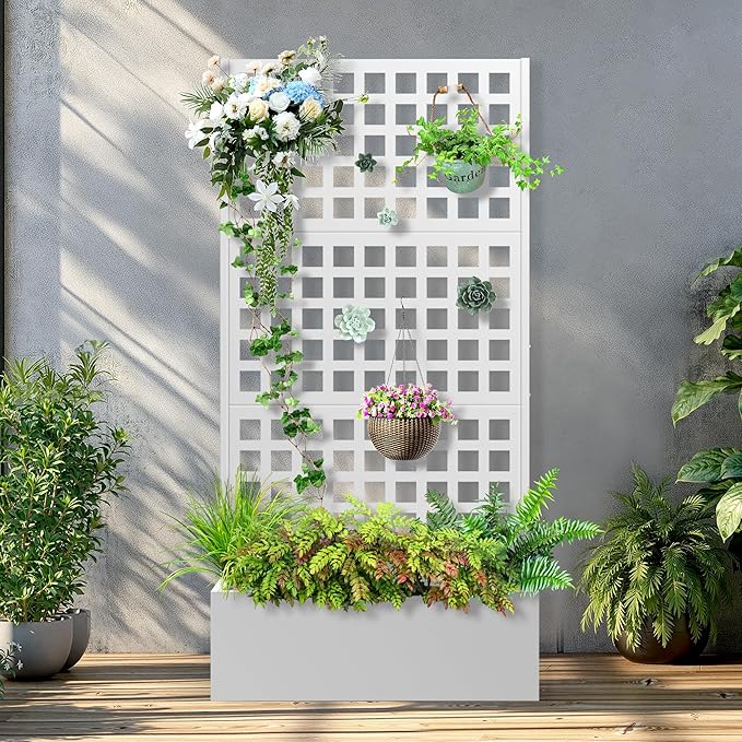 Metal Raised Garden Bed with Trellis, 2 in 1 Trellis with Planter Box & Privacy Screen for Climbing Plants, Vine, Outdoor Standing Flower Beds with Drainage Holes, 35.4"L x 16.7"W x 70.8"H, White