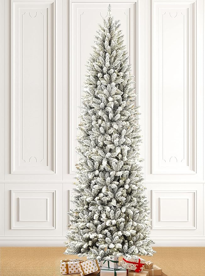 Glitzhome 9ft Pre-Lit Artificial Christmas Tree, Snowy Splendor Fir Hinged Holiday Christmas Tree Flocked Pencil Xmas Tree with 600 Warm White Lights for Home, Office, Party Decoration
