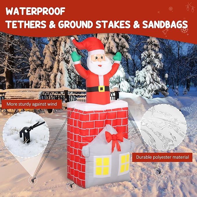 Outsunny 7FT Christmas Inflatable Santa in Chimney Up and Down, Outdoor Blow Up Santa Claus Christmas Decoration with Built-in LED Lights, Easy to Inflate for Indoor Party, Lawn, Garden, Holiday Decor