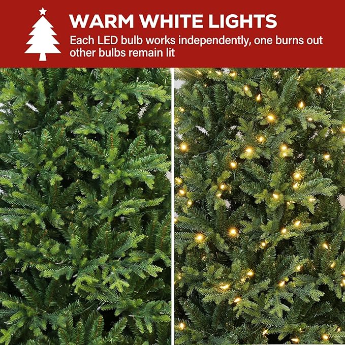 Hykolity 9ft Pre-lit Artificial Christmas Tree with 600 Warm White LED Lights, 5149 PE&PVC Realistic Branch Tips, Metal Stand and Hinged Branches Included