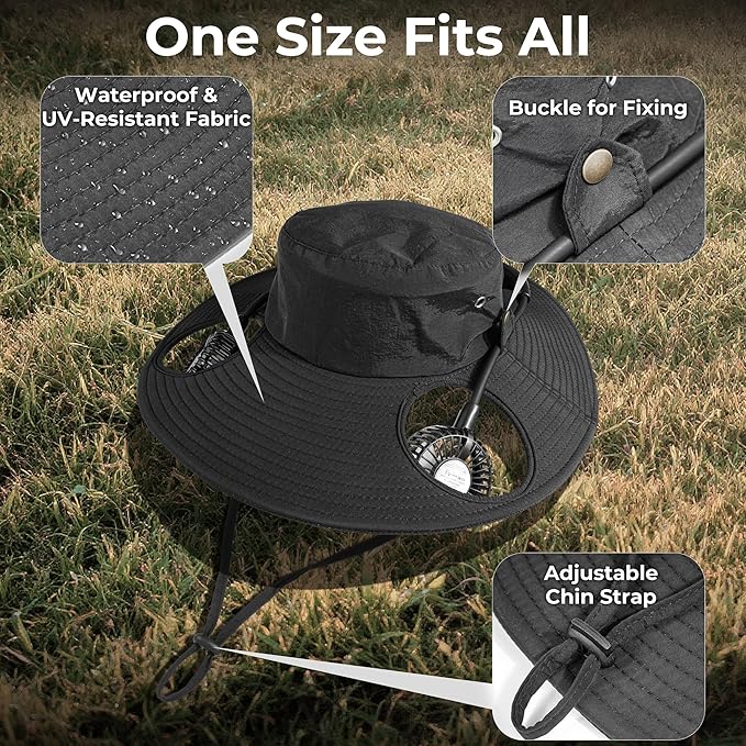 2-in-1 Hands-Free Hat Fan Neck Fan UPF 50+ Wide Brim Sun Hat 16Hrs Running 3-Speed Fishing Essentials for Men Women