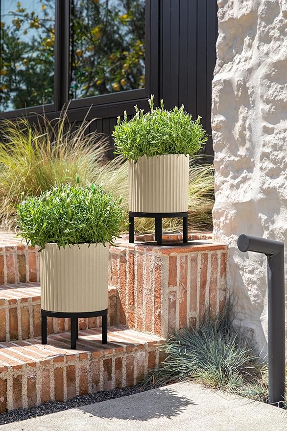 Veradek Demi Series Round Planter w/Stand for Porch/Patio | Durable Plastic-Stone Composite & Wooden Stand | Modern Décor for Tall Plants, Flowers