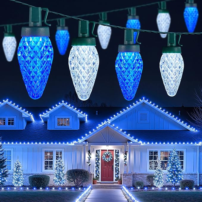 Brightown C9 Christmas Lights Outdoor, 114FT 150 LED Blue and Pure White String Lights with Timer, 8 Modes, UL Listed Waterproof Connectable Christmas Tree Lights for House, Roof, Garden, Patio Decor
