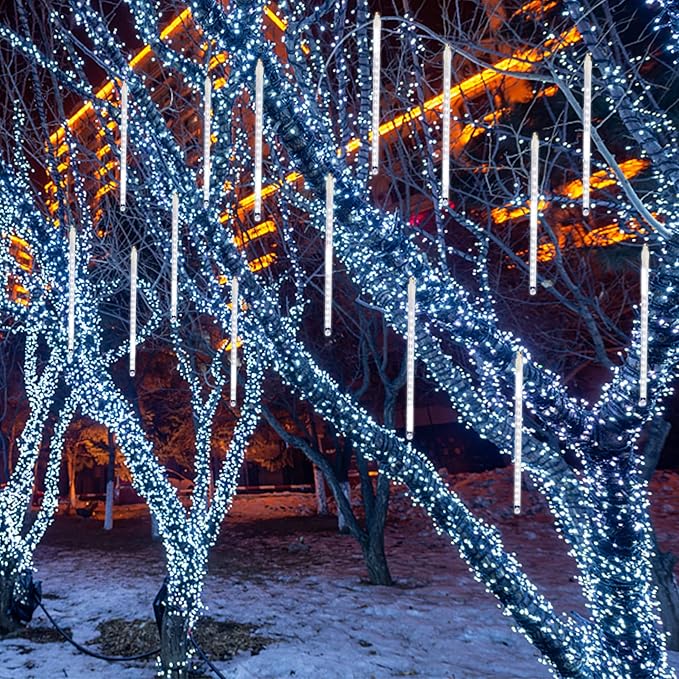 24 Tubes Meteor Shower Lights, Outdoor Icicles Christmas Decor, 12 Inch 864 LED Snow Falling Connectable Raindrop Lights, Xmas Wedding Party Tree Holiday Decoration, White