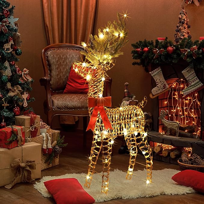 LightsUp Christmas Reindeer Outdoor, 51" H Lighted Reindeer Outdoor Christmas Decor 70 Warm White LED, 3D Rattan Deer Standing Twinkle Deer for Home Yard Patio Garden Outside Decorations