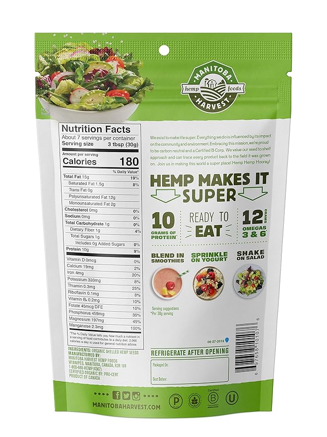 Manitoba Harvest Organic Hemp Seeds, 7oz, 10g Plant Based Protein and 12g Omega 3 & 6 per Srv, smoothies, yogurt & salad, Non-GMO, Vegan, Keto, Paleo, Gluten Free