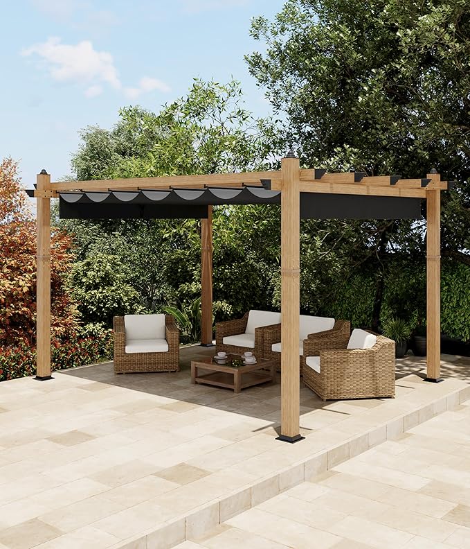 Garvee 10x13 Ft Outdoor Pergola with Retractable Canopy Upgraded Aluminum Imitation Wood Grain Metal Patio Pergola for Modern Backyard Deck Porch Grape Trellis(Gray)