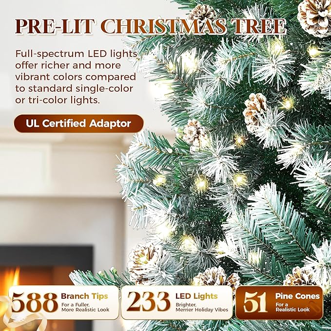 HOLLO STAR 6 ft Prelit Christmas Tree with 233 LED Lights, App Control, Slim Pencil Christmas Tree, Multi-Color RGBW Lights, 588 Flocked Frosted Tips, Xmas Tree, 51 Pine Cones, for Home, Party