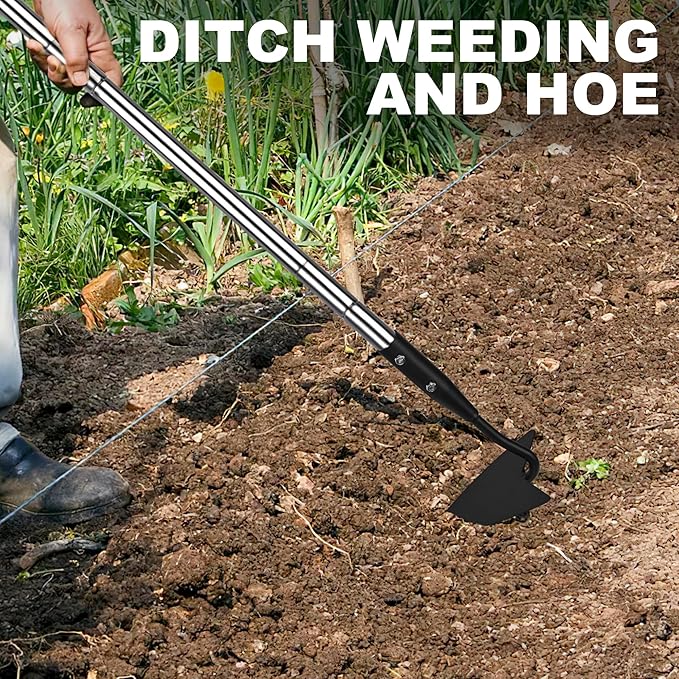 Warren Hoe, Carbon Steel Triangle Garden Hoe with Stainless Steel 57" Adjustable Long Handle, Heavy Duty Gardening Hand Tools Hoe for Ridging Weeding Digging Loosening Edging Soil, balck