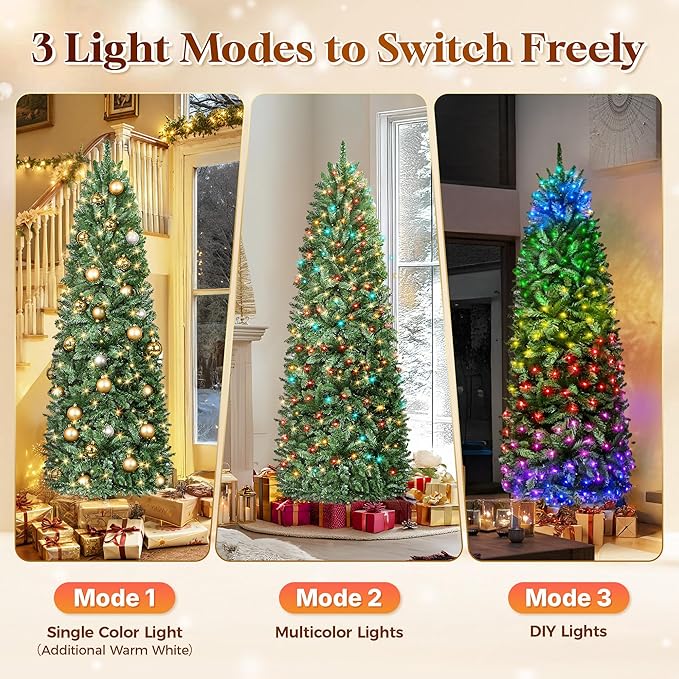 HOLLO STAR 6 ft Prelit Christmas Tree with 247 LED Lights, App Control, Artificial Pencil Christmas Tree with Multi-Color RGBW Lights, 715 Branch Tips, Skinny Xmas Tree, Metal Base, for Home, Party