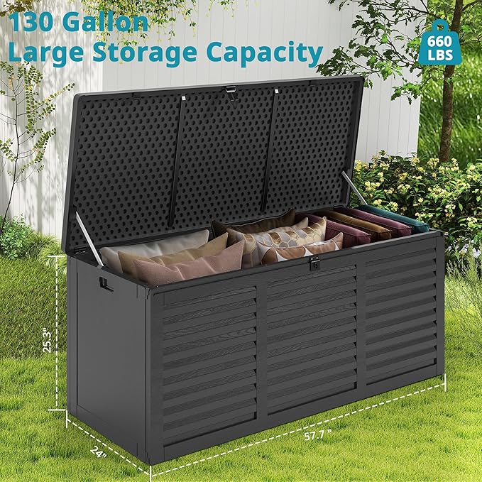 HUGROVE Resin Deck Box, 130 Gallon Outdoor Storage Box with Lockable Lid, Waterproof Patio Storage for Garden Tools & Outdoor Accessories (Dark Black)