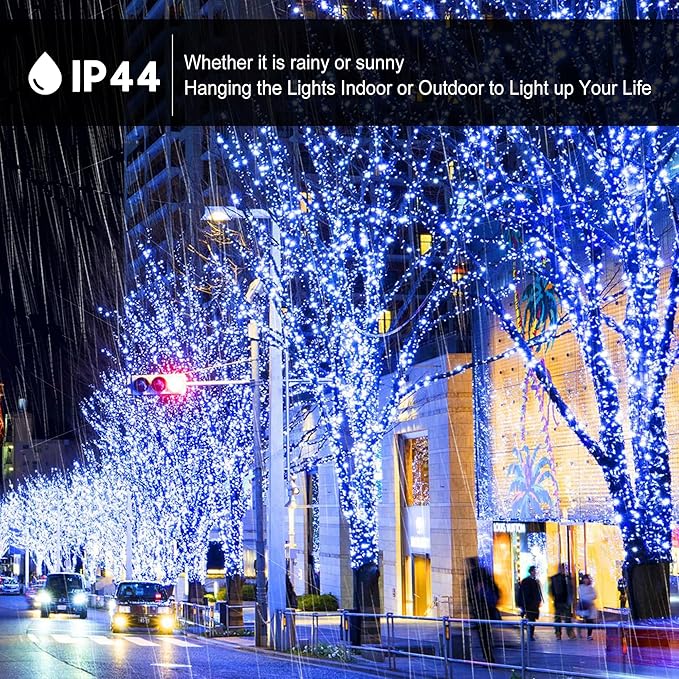 kemooie 500 LED Christmas String Lights, 164FT 8 Lighting Mode with Memory Plug in Green Wire Waterproof Lights, for Outdoor Birthday Christmas Party Garden Balcony Decorations (Blue and White)