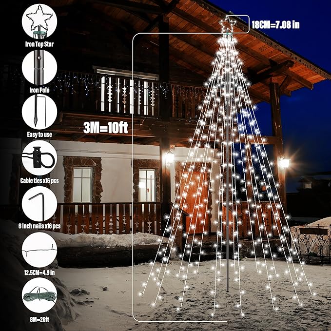 Lomotech Christmas Tree Lights - 10Ft 404 LED with 7.08" Topper, Remote Controll Waterproof Iron Pole Waterfall Lights for Outdoor Christmas Decorations (White)