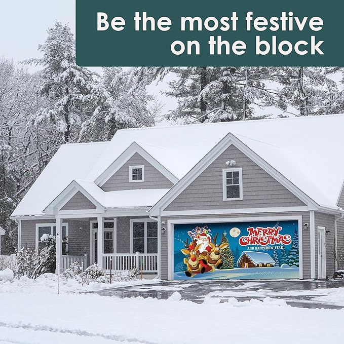 7' x 16' Santa’s Merry Takeoff Christmas Garage Door Banner - Designed to Move with Door | Magical Festive Double Garage Door Decoration