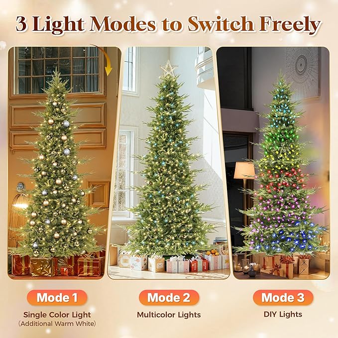 HOLLO STAR 9 ft Prelit Pencil Christmas Tree with 600 LED Lights, App Control, Aspen Artificial Christmas Tree, Multi-Color RGBW Lights, 2519 PE & PVC Branch Tips, Skinny Xmas Tree, for Home, Party
