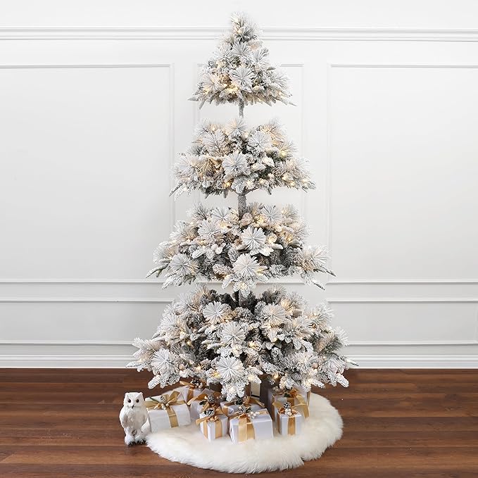 LuxenHome 7.5FT Flocked Artificial Christmas Tree, Slender Prelit Christmas Trees with 400 Warm White LED Lights, 1508 PE+PVC Tips, Xmas Tree Holiday Decor