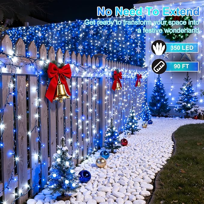350LED 90FT Christmas Lights Indoor Outdoor, 12 Modes Blue and White Outdoor String Lights with Timer & Dimmable, Green Wire Christmas String Lightsfor Xmas Patio Yard Fence Wedding Bedroom Garden