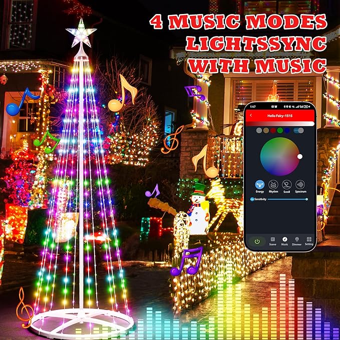 5FT Outdoor Christmas Tree Lights, Multicolor Prelit Smart Cone Christmas Tree with Star, Music Sync, App & Remote Control, LED Light Show Tree for Indoor Outdoor Decorations