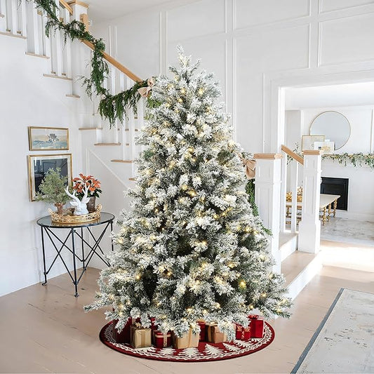 LuxenHome 6.5FT Christmas Tree with Lights, Flocked Artificial Christmas Tree with 8 Lighting Functions, 1100 PVC Tips, 480 Warm White Lights, Prelit Xmas Trees for Indoor and Outdoor Holiday Decor