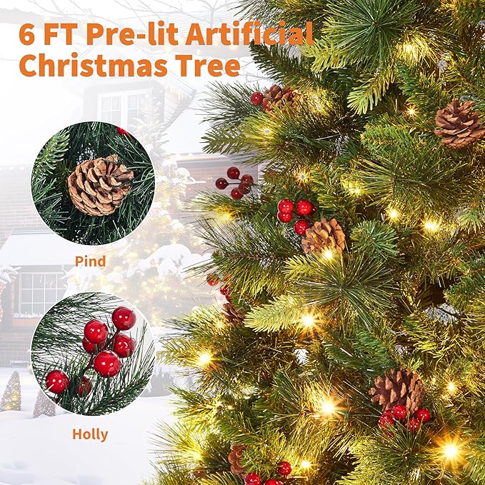 6 FT Pre-Lit Artificial Christmas Tree, Norway Spruce, 250 Warm White Light, Automatic Hinge Expansion, Artificial Christmas Pencil Tree with Pine Cones, Holly Berries & Stand, Green