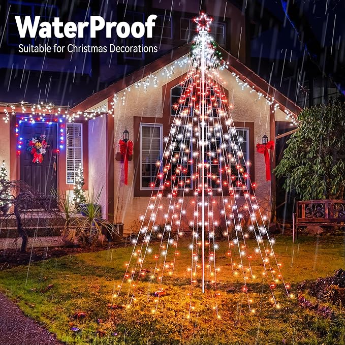 Lomotech RGB Color Changing Christmas Tree Lights - 10Ft 404 LED with 7.08" Topper, Remote Controll Waterproof Iron Pole Waterfall Holiday Tree Lights for Outdoor Christmas Decorations