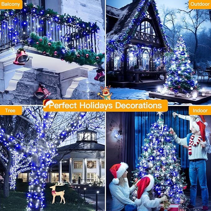 Ollny Christmas Lights Outdoor Indoor Decor, 132FT 400LED Blue & White String Lights 8 Modes Plug in Waterproof, Xmas Fairy Lights with Remote for Tree House Holiday Yard Bedroom Home Party