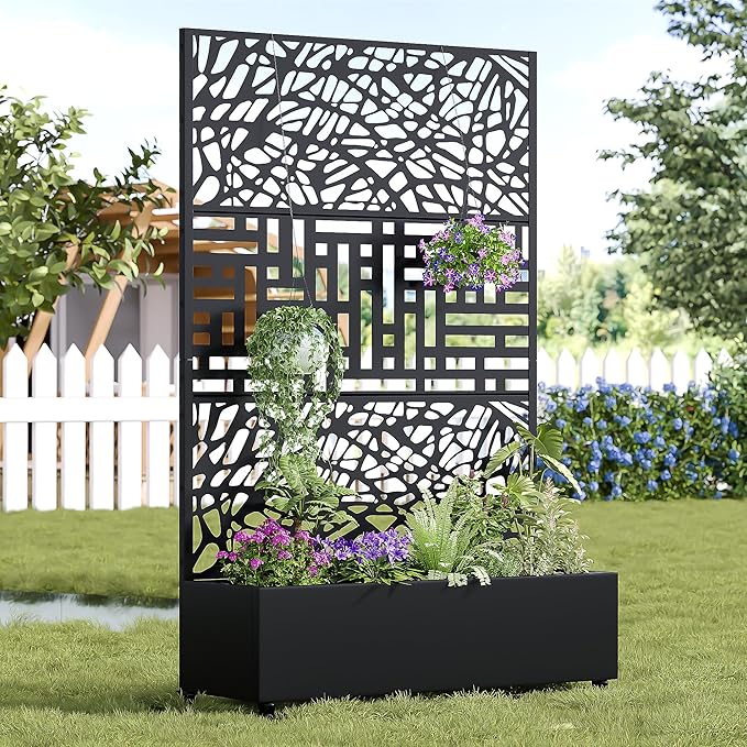 Casaphoria Metal Raised Garden Bed with Trellis and Wheels, 72"x47"x16" Planter Box for Climbing Plants, Vegetables & Vines, Features Drainage Holes and Privacy Screen, Black(Net&Helen)
