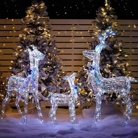 3-Piece Iridescent Christmas Deer Outdoor Decorations, 4.5ft Reindeer Family Set Outdoor Lighted Display with 350 LEDs, 2025 Upgraded Rattan, Stakes & Zip Ties for Long-Lasting Yard Garden Decor