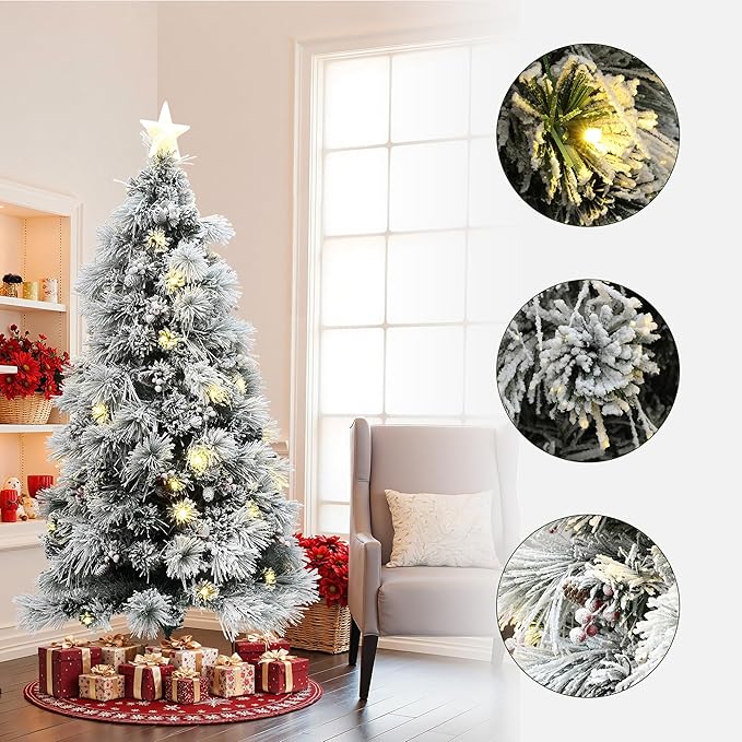 LuxenHome 6FT Flocked Christmas Tree, Christmas Tree with Lights, Pine Cones and Red Berries, White Artificial Trees with 100 LED Lights, 243 PVC and Bristle Tips for Living Room, Entryway Decor