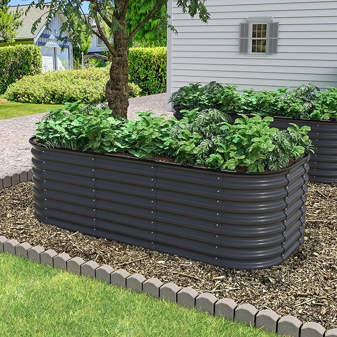 MUPATER 6x3x2FT Raised Garden Bed Outdoor for Vegetables, 9-in-1 Galvanized Steel Planter Box with 2 Support Rods, 24''H Modular Garden Bed Kit Oval for Herbs and Flowers, Garden, Gray