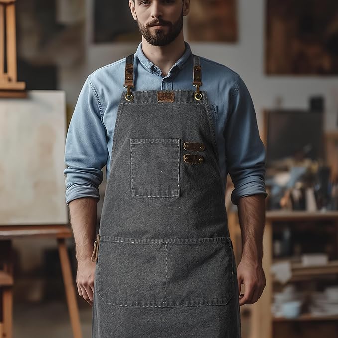 LEATHER VILLAGE Chef Aprons for Men Women with Large Pockets, Cotton Canvas Cross Back Adjustable Work Apron, Size M to XXL