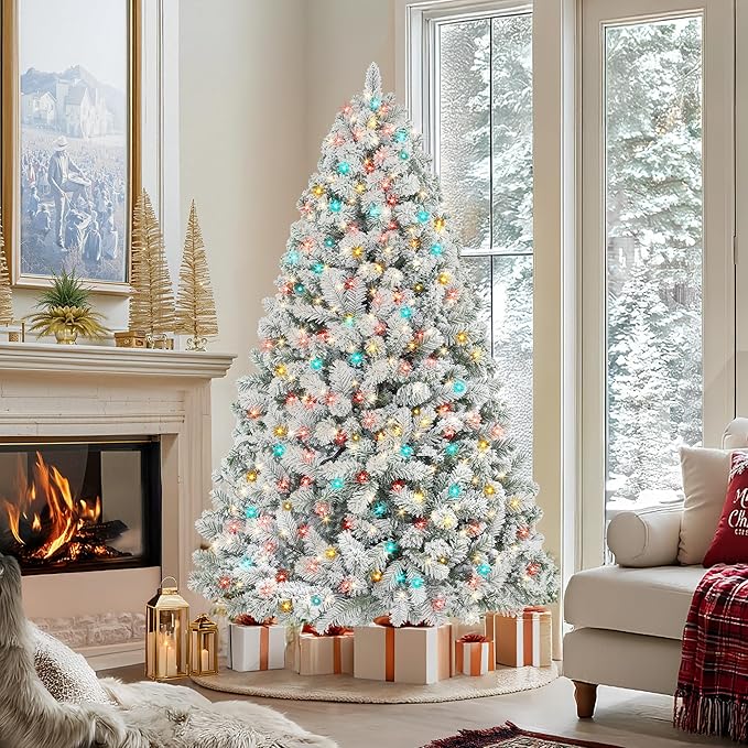 HOLLO STAR 6 ft Flocked Prelit Christmas Tree with 350 LED Lights, App Control, Artificial Christmas Tree, Multi-Color RGBW Lights, 947 Branch Tips, Snow Xmas Tree, for Home, Party