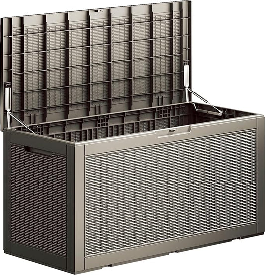 100 Gallon Deck Box, Resin Outdoor Indoor Waterproof Storage Box, Lockable Storage Box With Handle for Patio Furniture - Garden Tools - Swimming Pool Tools UV-Resistant, Brown