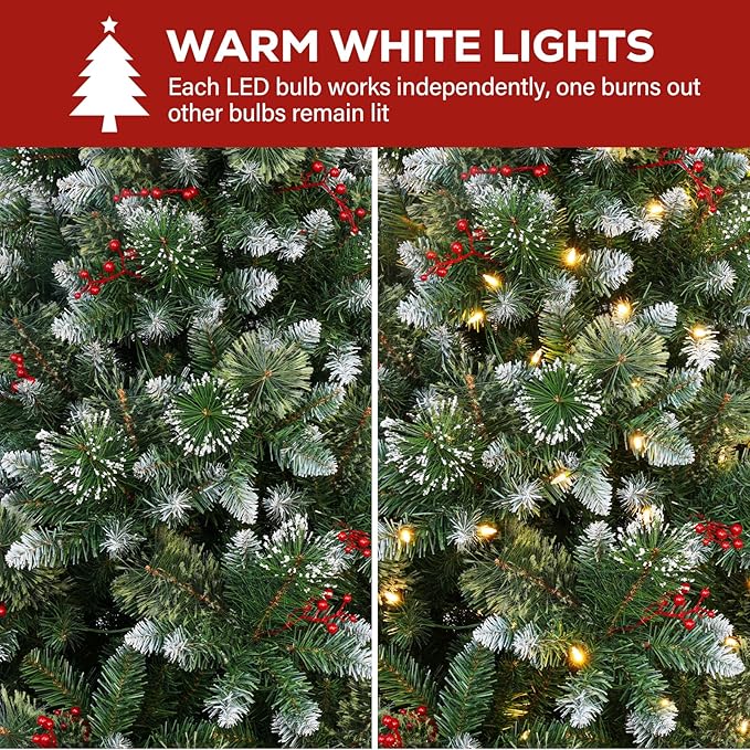 Hykolity 7.5 ft Prelit Snow Flocked Christmas Tree, Partially Frosted Xmas Pine Tree with Red Berries, 350 Warm White Lights, 1372 PVC Branch Tips, Metal Stand and Hinged Branches