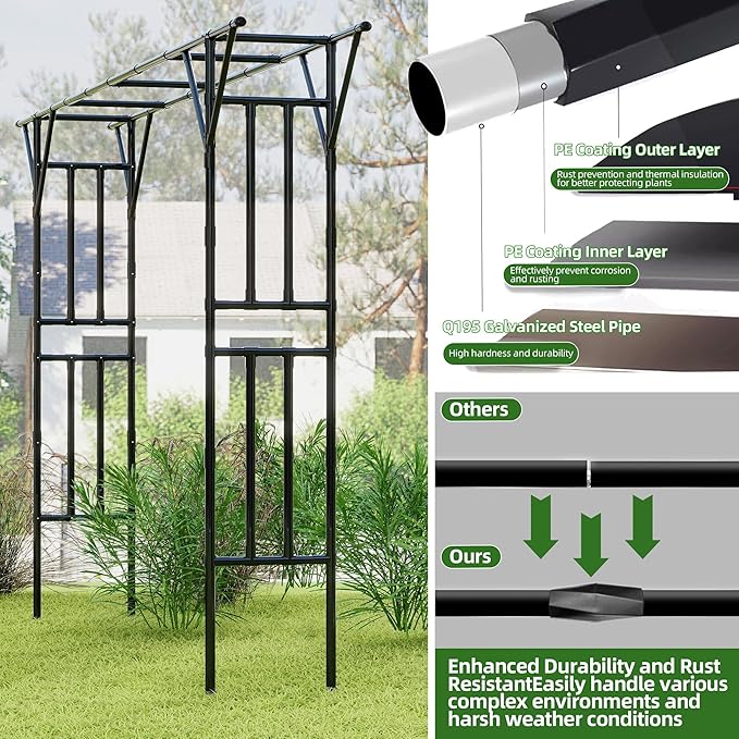 Flat Top Garden Arch Arbor Trellis, 11.81FT x 9.02FT Metal Pergola for Climbing Plants, Galvanized Steel Pipe with Plastic Coating, Decorations Pergola for Garden, Backyard, Lawn(Black)