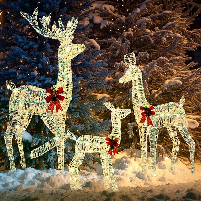 JOIEDOMI 3 Pcs Christmas Iridescent Reindeer Family Set Yard Light Decorations, 360 LED Warm White Lights with Metal Stakes for Indoor Outdoor Garden Holiday Décor, Christmas Eve Night Décor