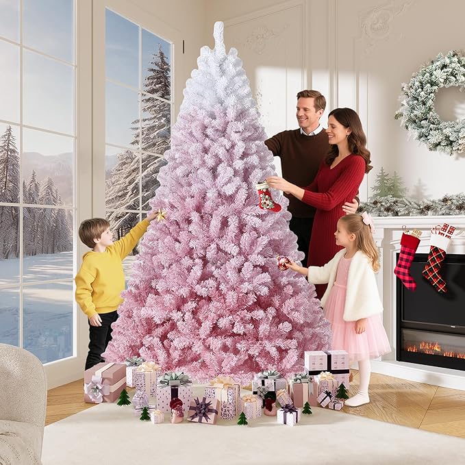 GarveeHome 4.5ft Prelit Artificial Christmas Tree with 100 RGB & Warm White Lights, Pre-Lit Snow Flocked Christmas Tree, Foldable Base,Holiday Decoration for Home, Office, Party,Pink Gradient